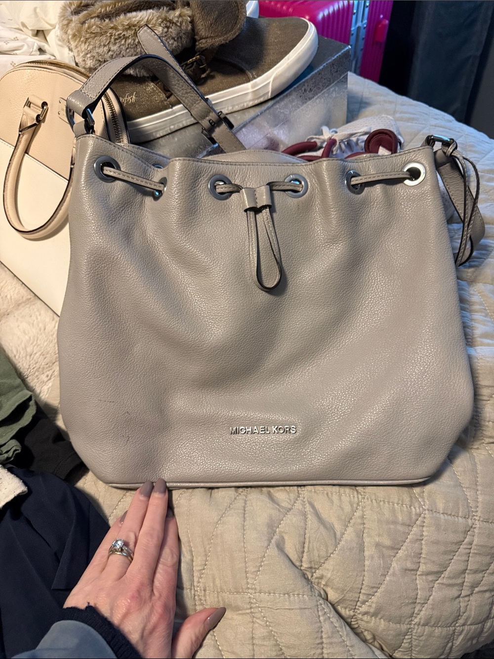 Michael Kors Light Gray Pebbled Leather Drawstring Shoulder Bag
